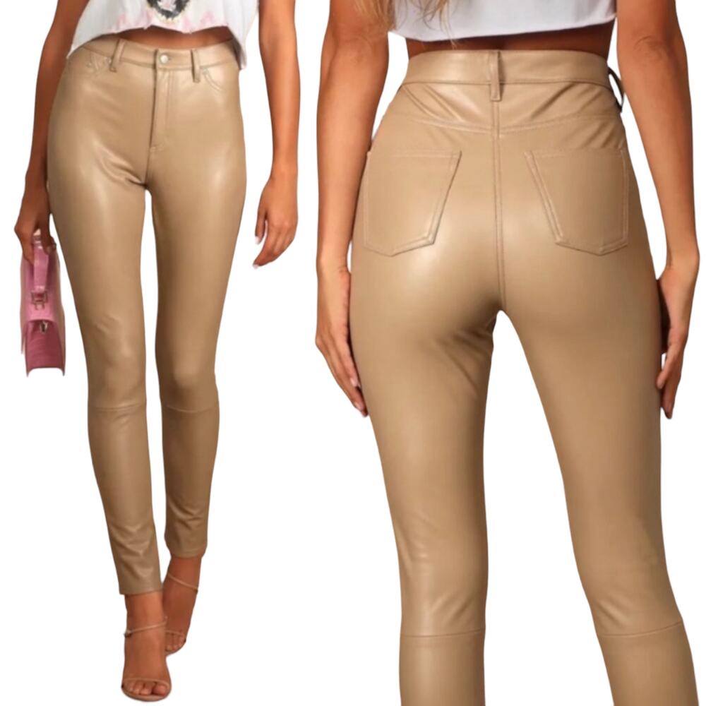 7 For All Mankind Vegan Leather Pants Skinny Leg Pockets Beige Womens Medium